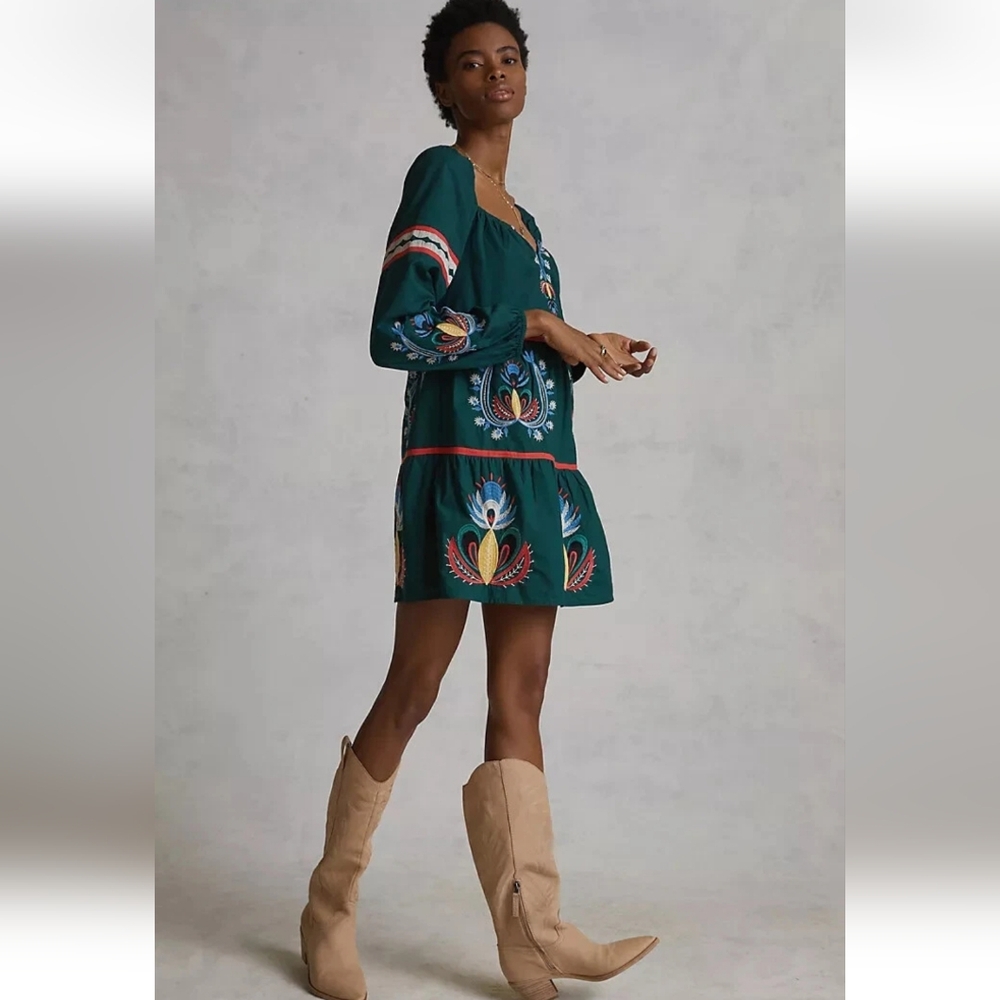 Anthropologie Forever That Girl Let Me Be Green Embroidered Tunic Dress Size S